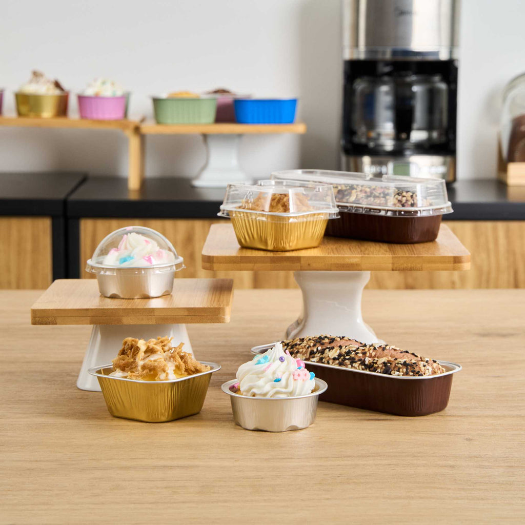 Pastry Tek 2 oz Round Silver Aluminum Baking Cup - with Plastic Dome Lid - 2 3/4" x 2 3/4" x 1" - 100 count box