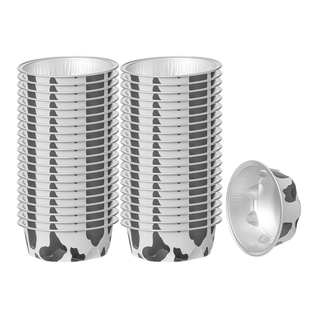 Pastry Tek 3 oz Round Cow Lines Aluminum Baking Cup - with Plastic Dome Lid - 3 1/4" x 3 1/4" x 1" - 100 count box