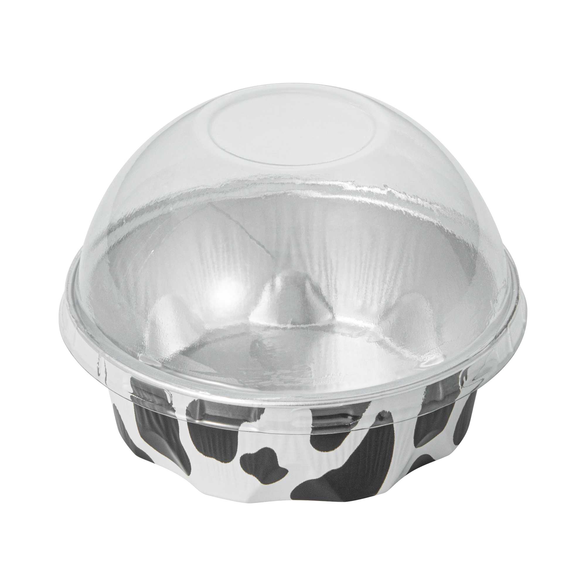 Pastry Tek 3 oz Round Cow Lines Aluminum Baking Cup - with Plastic Dome Lid - 3 1/4" x 3 1/4" x 1" - 100 count box