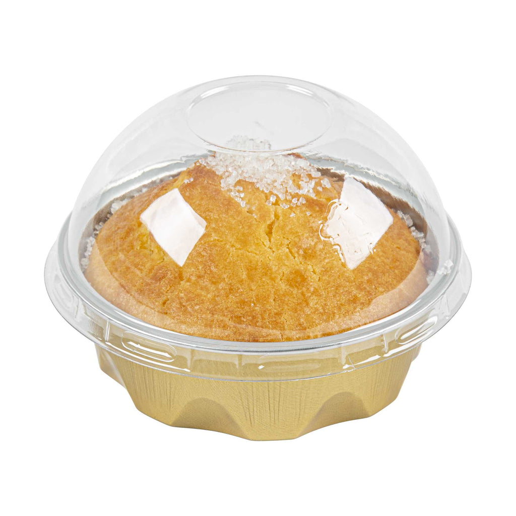 Pastry Tek 3 oz Round Gold Aluminum Baking Cup - with Plastic Dome Lid - 3 1/4" x 3 1/4" x 1" - 100 count box