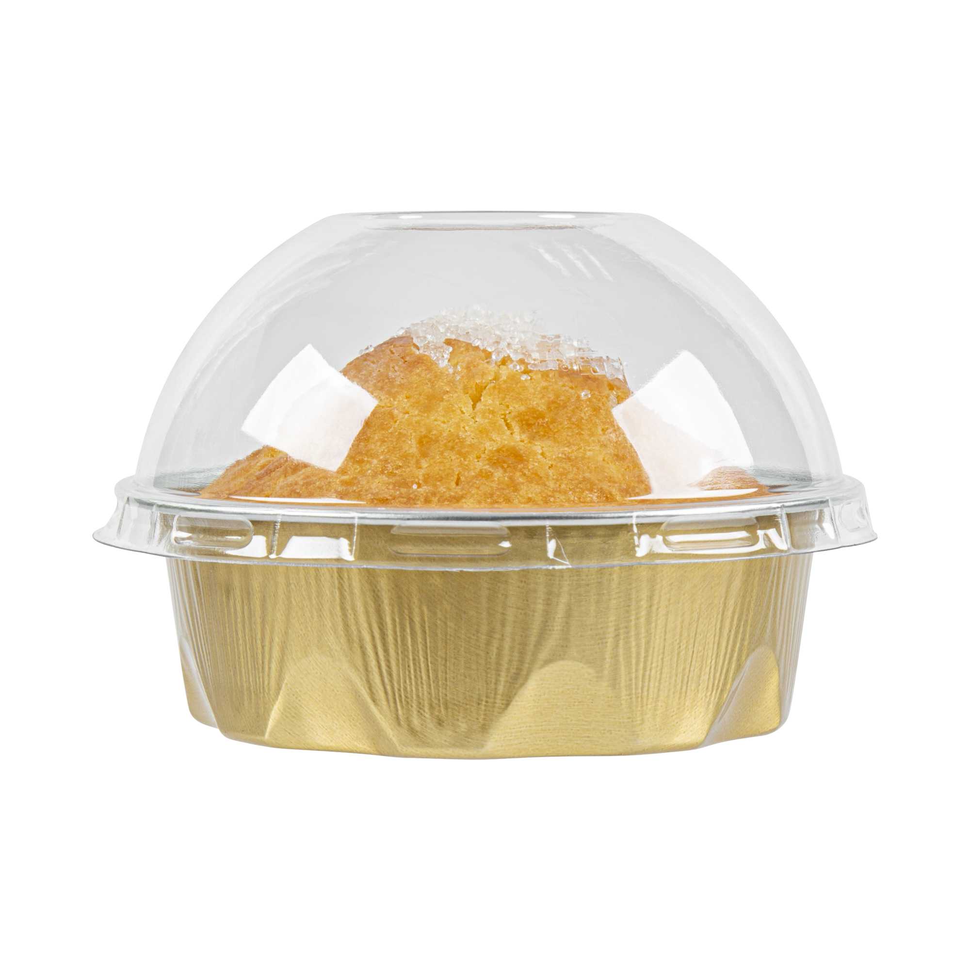 Pastry Tek 3 oz Round Gold Aluminum Baking Cup - with Plastic Dome Lid - 3 1/4" x 3 1/4" x 1" - 100 count box