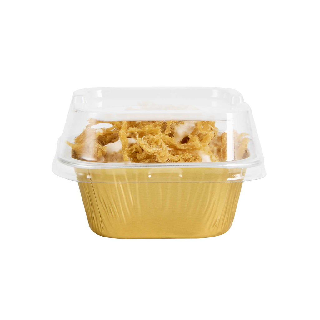 Pastry Tek 3 oz Square Gold Aluminum Baking Cup - with Plastic Dome Lid - 3" x 3" x 1 1/4" - 100 count box