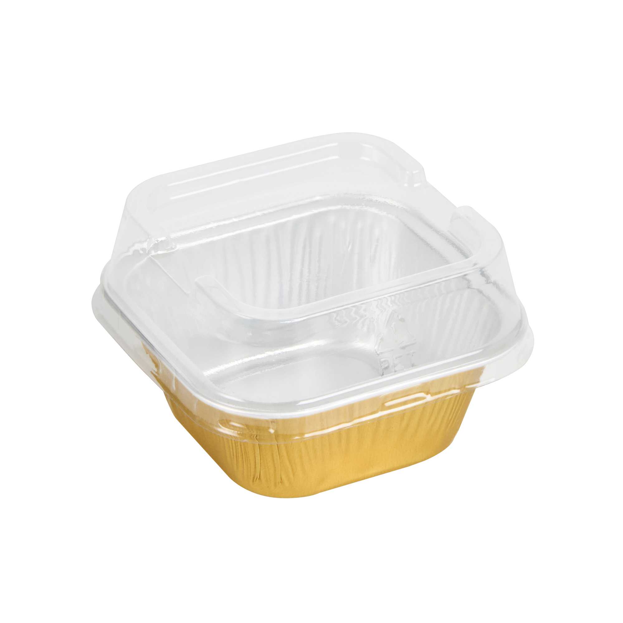 Pastry Tek 3 oz Square Gold Aluminum Baking Cup - with Plastic Dome Lid - 3" x 3" x 1 1/4" - 100 count box