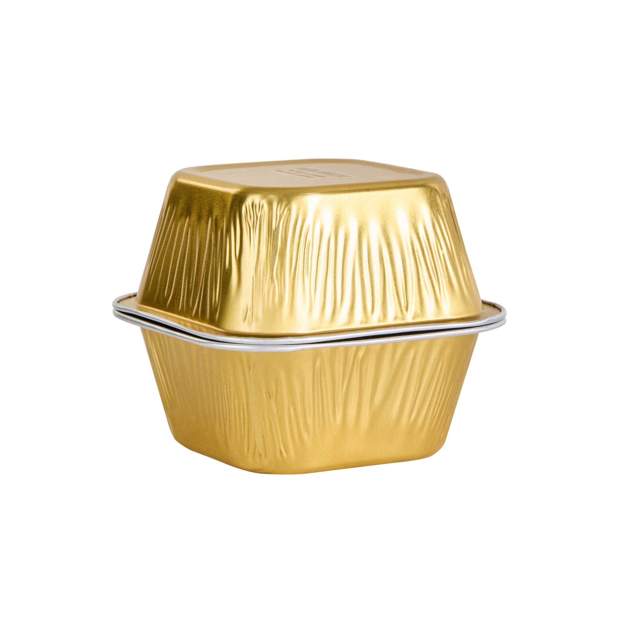 Pastry Tek 3 oz Square Gold Aluminum Baking Cup - with Plastic Dome Lid - 3" x 3" x 1 1/4" - 100 count box