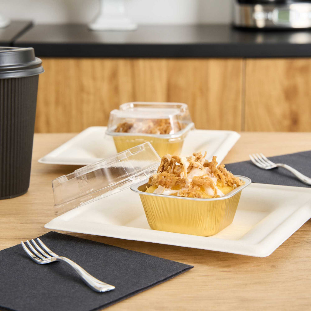 Pastry Tek 3 oz Square Gold Aluminum Baking Cup - with Plastic Dome Lid - 3" x 3" x 1 1/4" - 100 count box