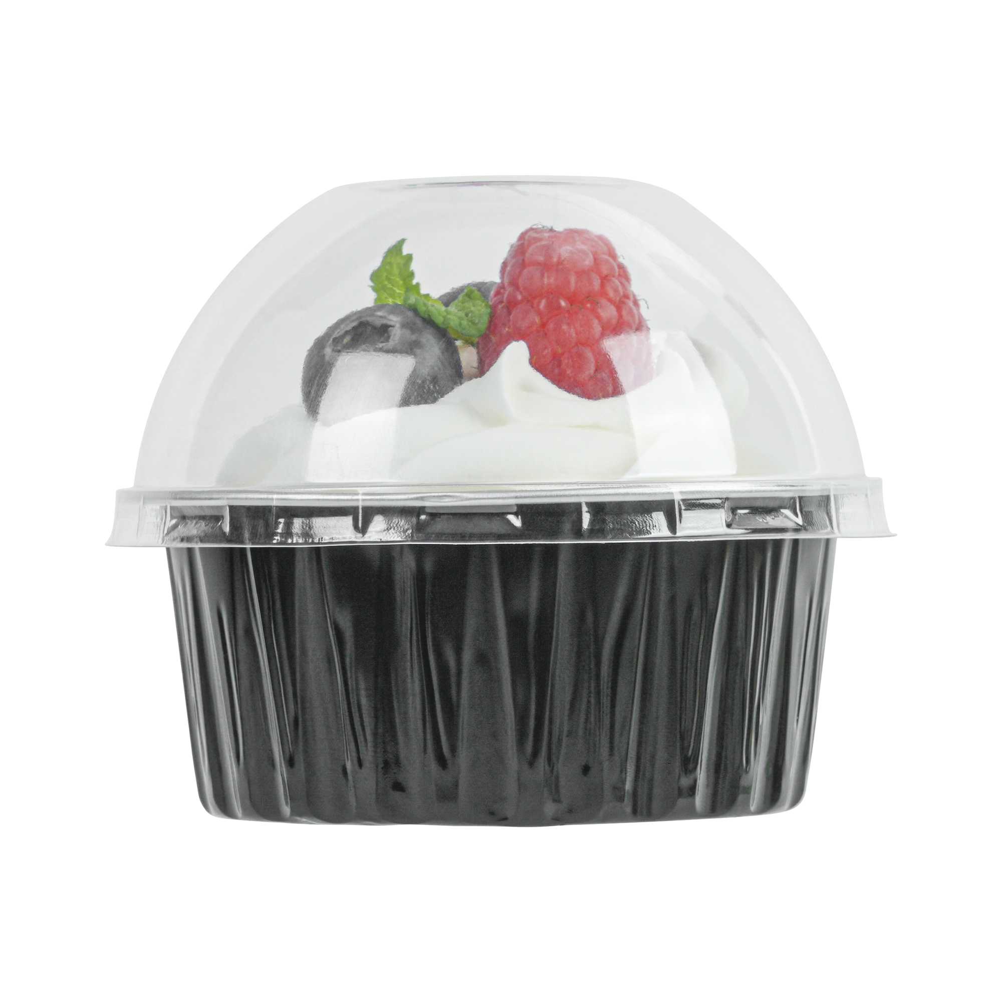 Pastry Tek 4 oz Round Black Aluminum Baking Cup - with Plastic Dome Lid - 3 1/4" x 3 1/4" x 1 1/2" - 100 count box