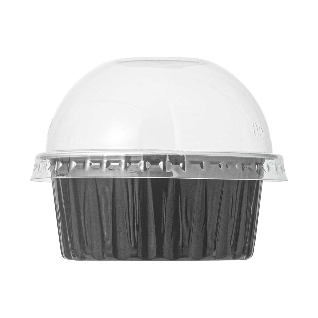 Pastry Tek 4 oz Round Black Aluminum Baking Cup - with Plastic Dome Lid - 3 1/4" x 3 1/4" x 1 1/2" - 100 count box
