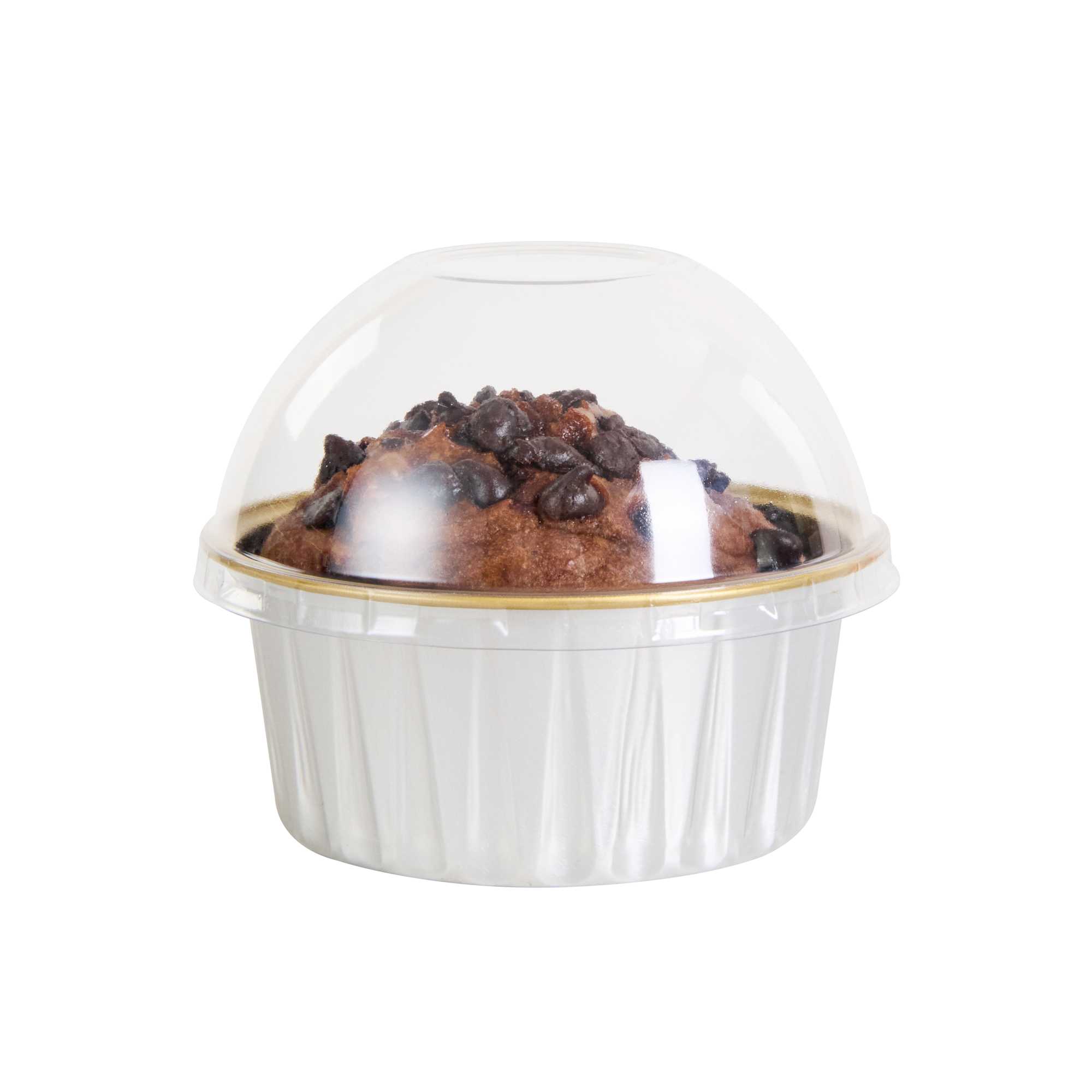 Pastry Tek 4 oz Round Silver Aluminum Baking Cup - Inner Gold, with Plastic Dome Lid - 3 1/4" x 3 1/4" x 1 1/2" - 100 count box