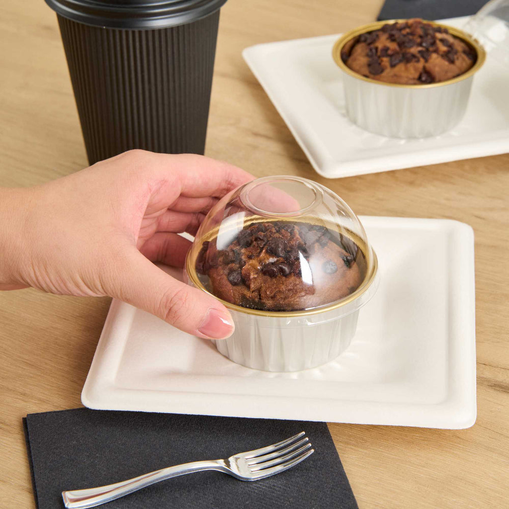 Pastry Tek 4 oz Round Silver Aluminum Baking Cup - Inner Gold, with Plastic Dome Lid - 3 1/4" x 3 1/4" x 1 1/2" - 100 count box