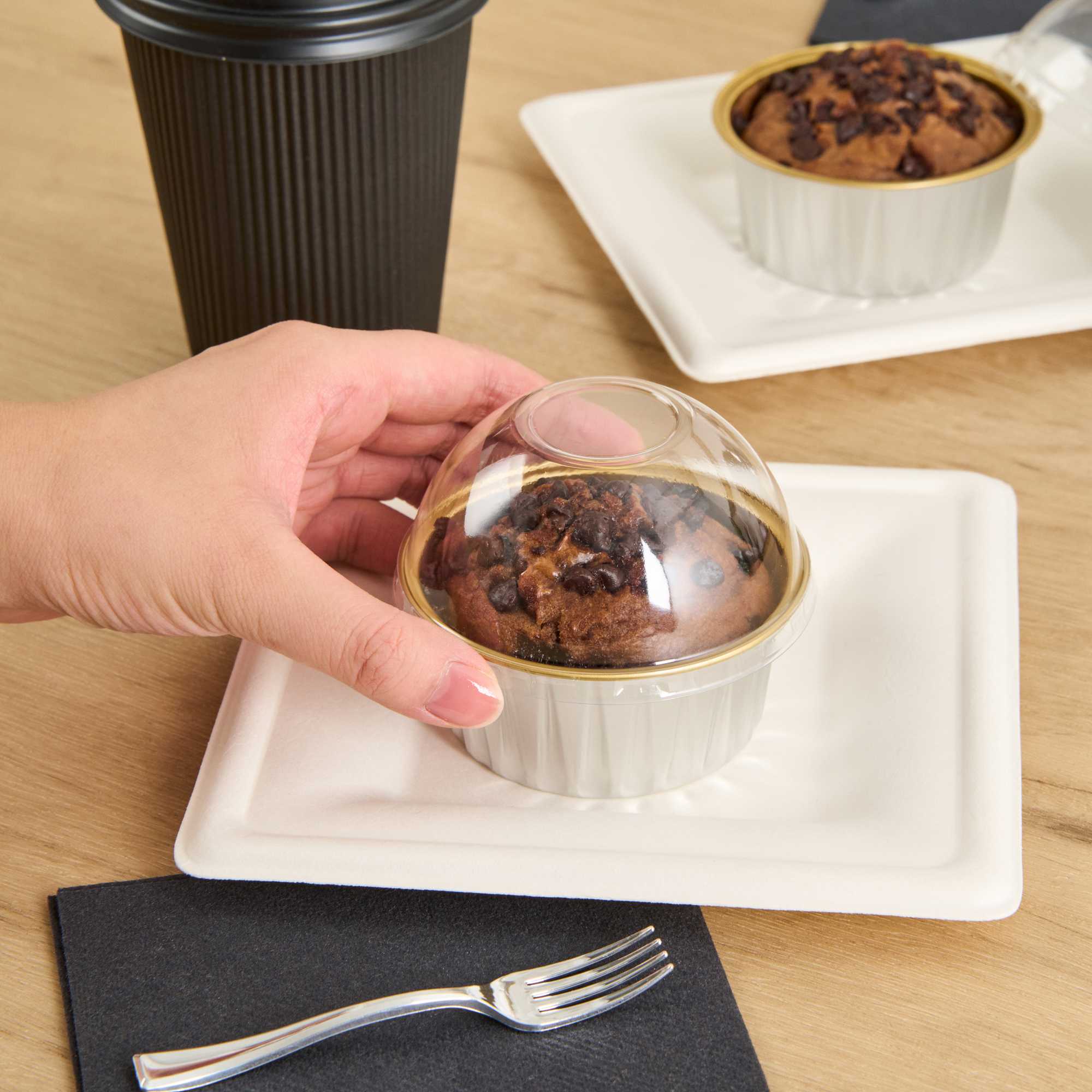 Pastry Tek 4 oz Round Silver Aluminum Baking Cup - Inner Gold, with Plastic Dome Lid - 3 1/4" x 3 1/4" x 1 1/2" - 100 count box