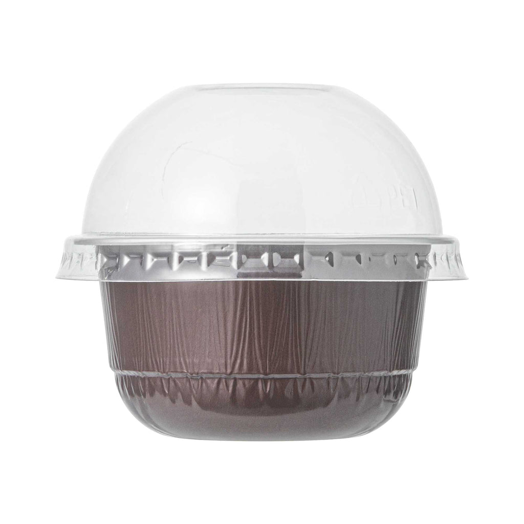 Pastry Tek 5 oz Round Coffee Aluminum Baking Cup - with Plastic Dome Lid - 3 1/4" x 3 1/4" x 1 3/4" - 100 count box