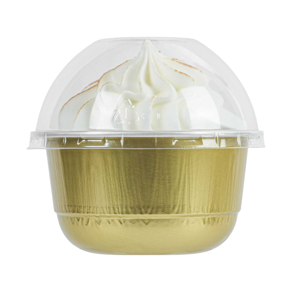 Pastry Tek 5 oz Round Gold Aluminum Baking Cup - with Plastic Dome Lid - 3 1/4" x 3 1/4" x 1 3/4" - 100 count box