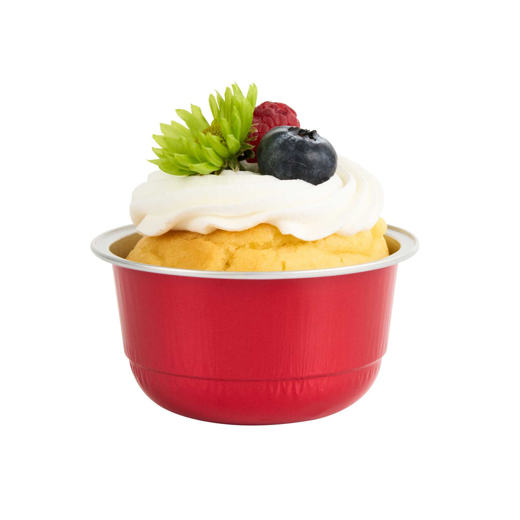 Pastry Tek 5 oz Round Red Aluminum Baking Cup - with Plastic Dome Lid - 3 1/4" x 3 1/4" x 1 3/4" - 100 count box