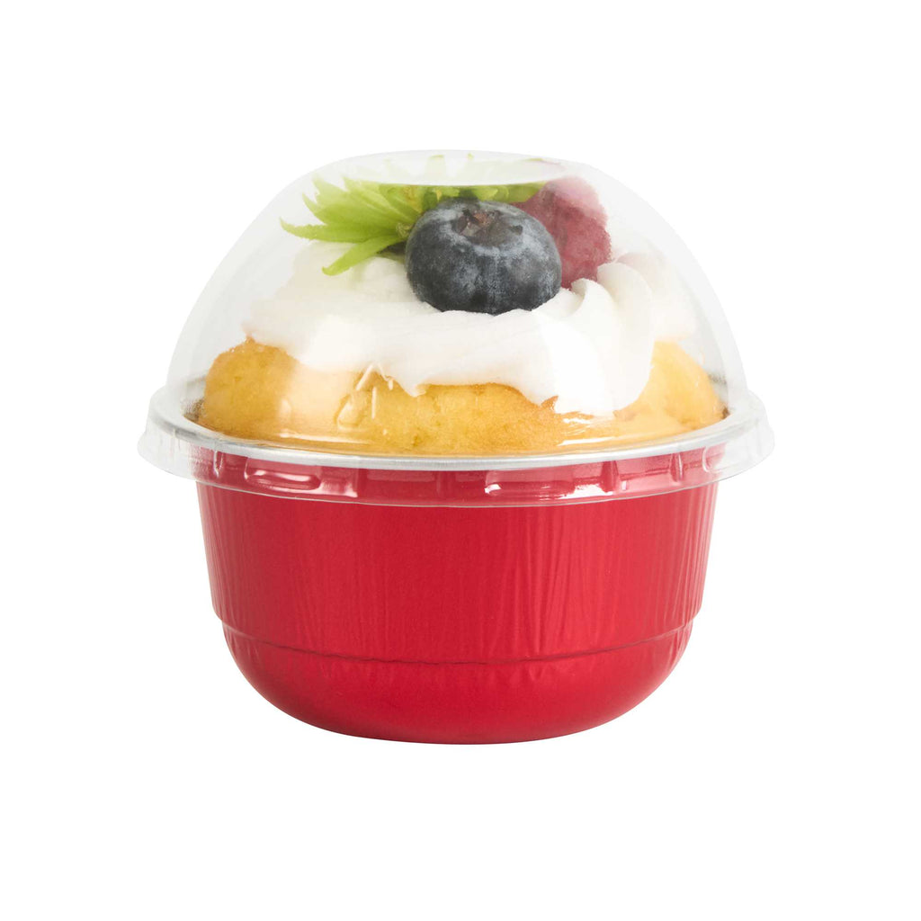 Pastry Tek 5 oz Round Red Aluminum Baking Cup - with Plastic Dome Lid - 3 1/4" x 3 1/4" x 1 3/4" - 100 count box