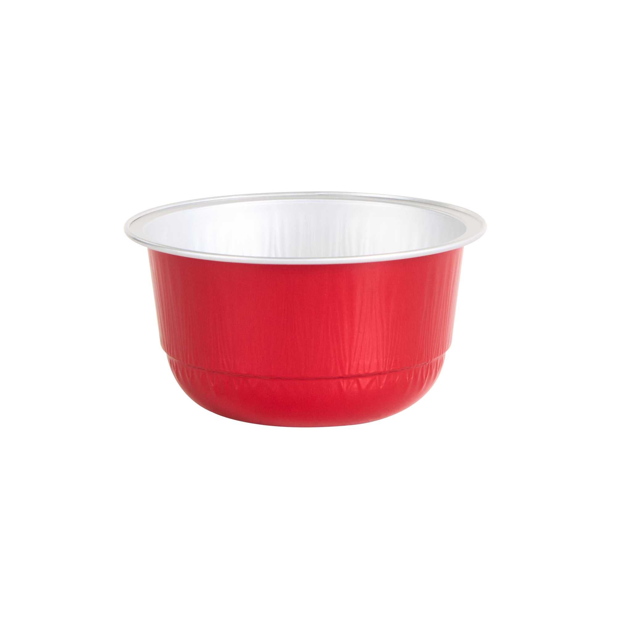 Pastry Tek 5 oz Round Red Aluminum Baking Cup - with Plastic Dome Lid - 3 1/4" x 3 1/4" x 1 3/4" - 100 count box