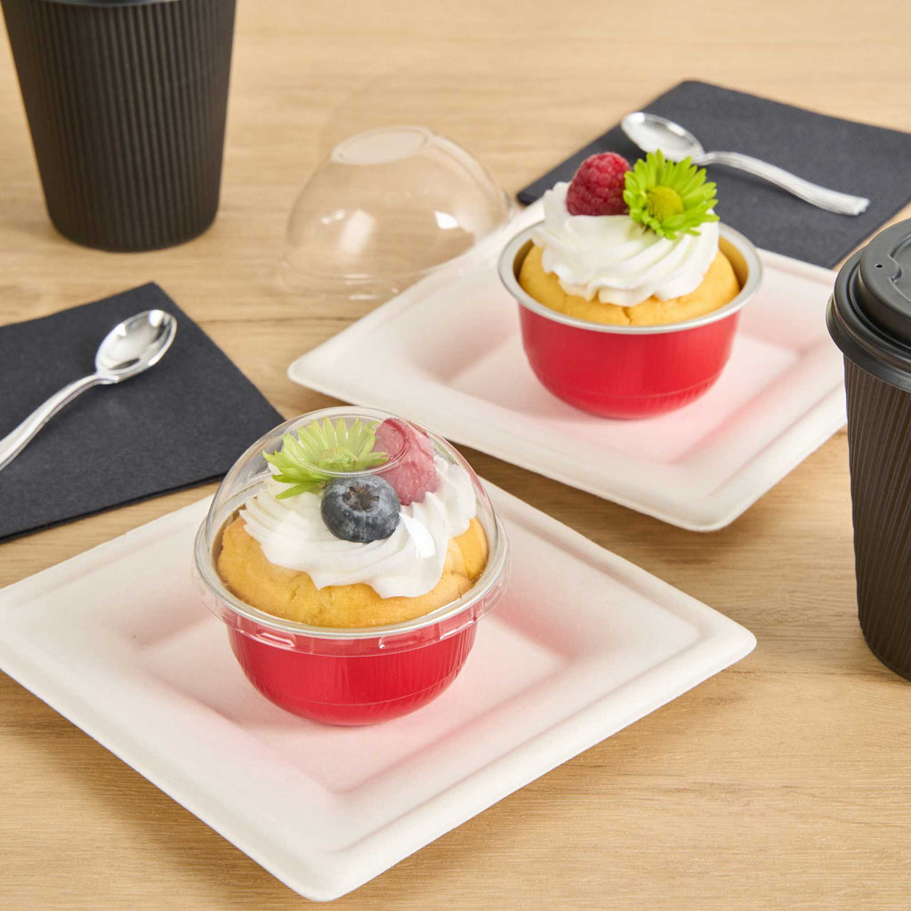Pastry Tek 5 oz Round Red Aluminum Baking Cup - with Plastic Dome Lid - 3 1/4" x 3 1/4" x 1 3/4" - 100 count box