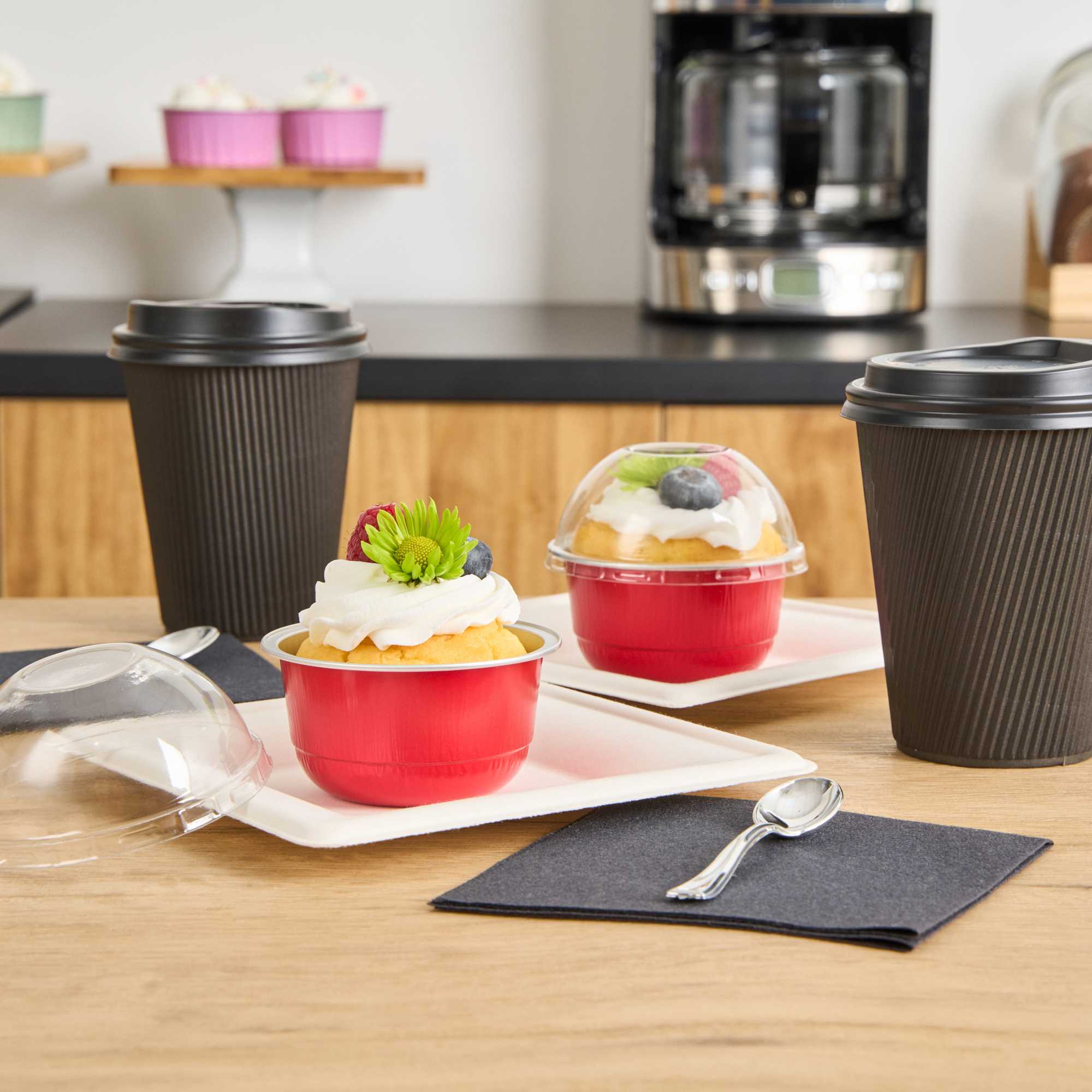 Pastry Tek 5 oz Round Red Aluminum Baking Cup - with Plastic Dome Lid - 3 1/4" x 3 1/4" x 1 3/4" - 100 count box