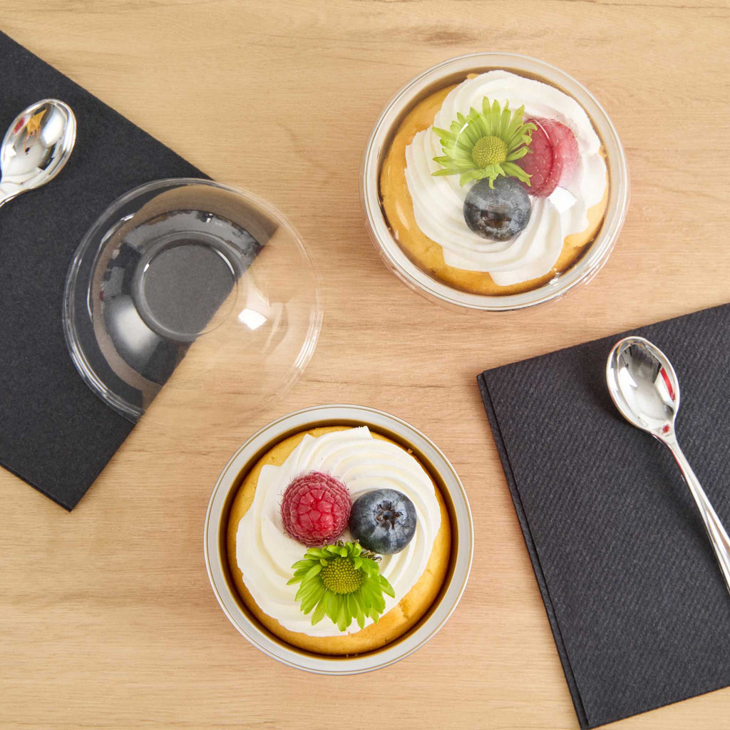Pastry Tek 5 oz Round Red Aluminum Baking Cup - with Plastic Dome Lid - 3 1/4" x 3 1/4" x 1 3/4" - 100 count box