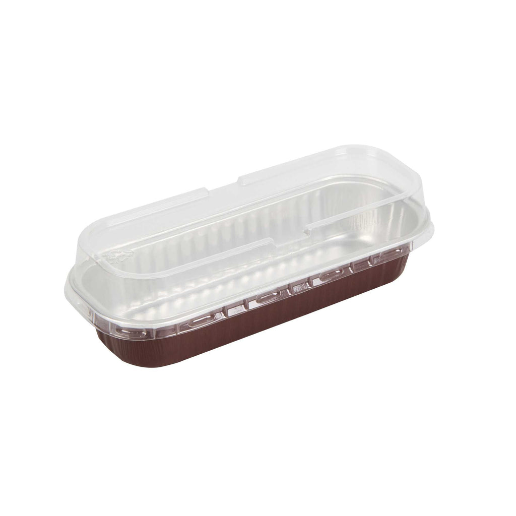 Pastry Tek 7 oz Rectangle Coffee Aluminum Baking Loaf Pan - with Plastic Dome Lid - 6 1/2" x 2 1/2" x 1 1/4" - 100 count box