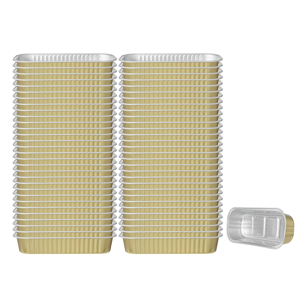 7 oz Rectangle Gold Aluminum Baking Loaf Pan - with Plastic Dome Lid - 6 1/2" x 2 1/2" x 1 1/4" - 100 count box
