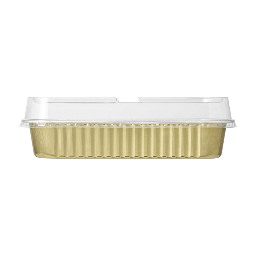 7 oz Rectangle Gold Aluminum Baking Loaf Pan - with Plastic Dome Lid - 6 1/2" x 2 1/2" x 1 1/4" - 100 count box