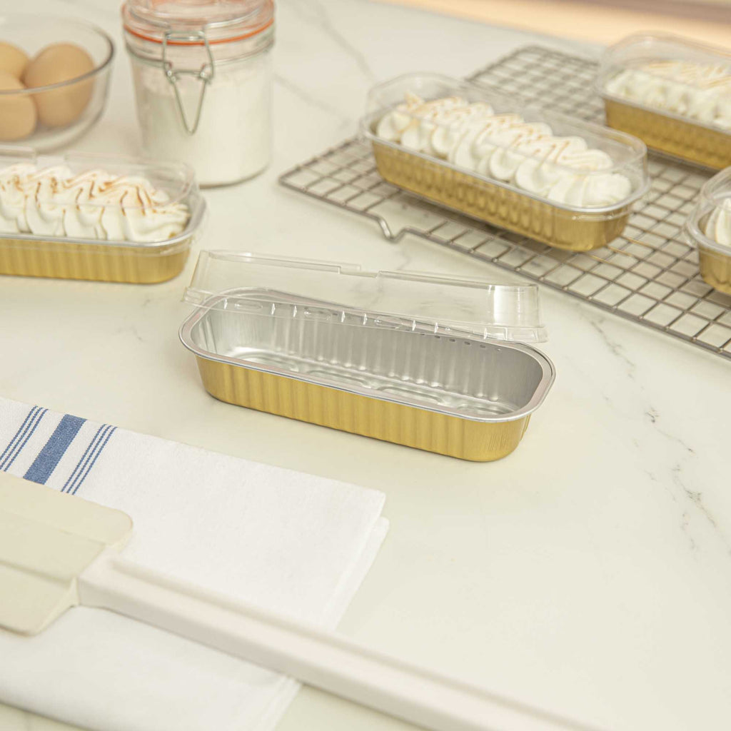 7 oz Rectangle Gold Aluminum Baking Loaf Pan - with Plastic Dome Lid - 6 1/2" x 2 1/2" x 1 1/4" - 100 count box