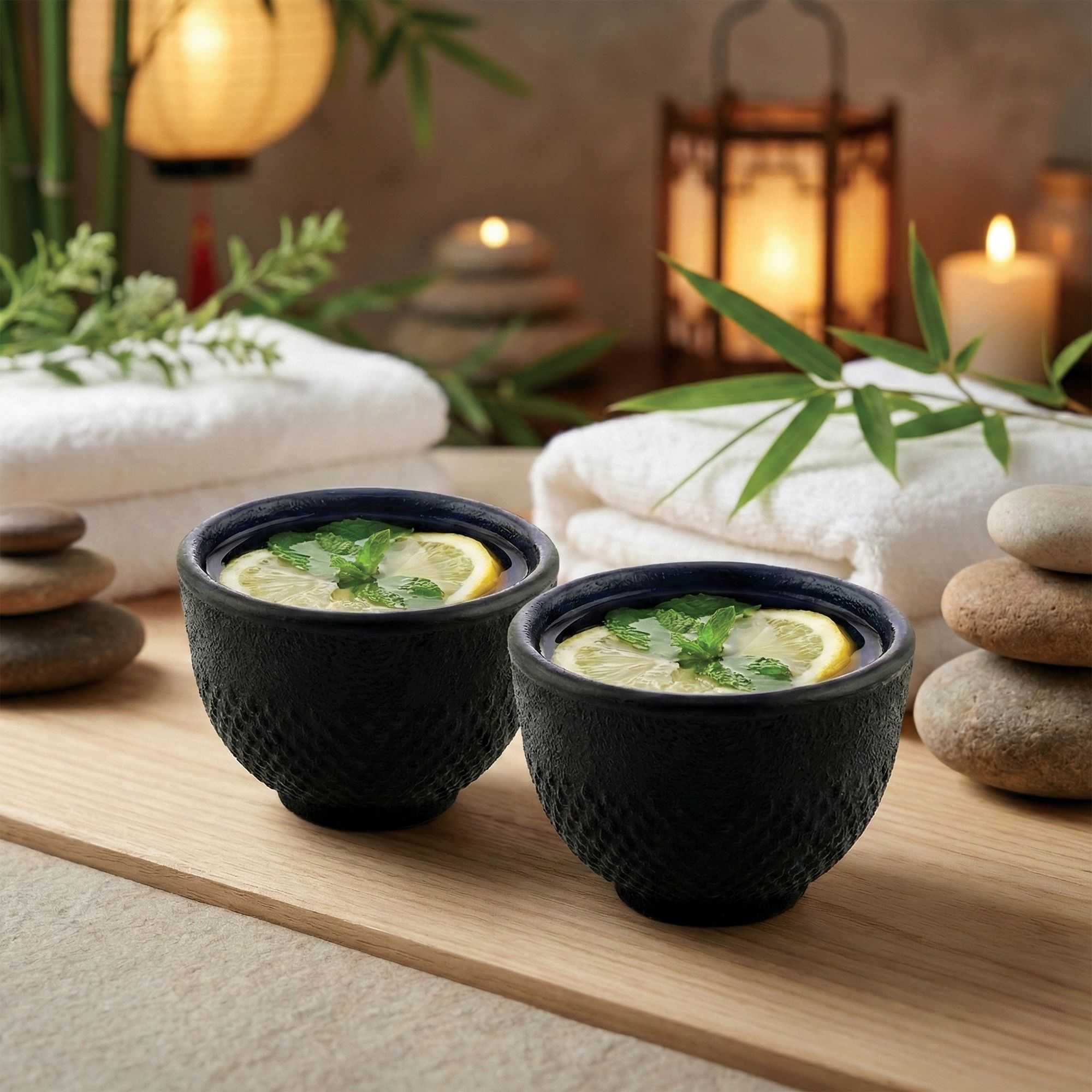 Tetsubin 5 oz Round Black Cast Iron Tea Cup - 3 1/4" x 3 1/4" x 2 1/4" - 2 count box