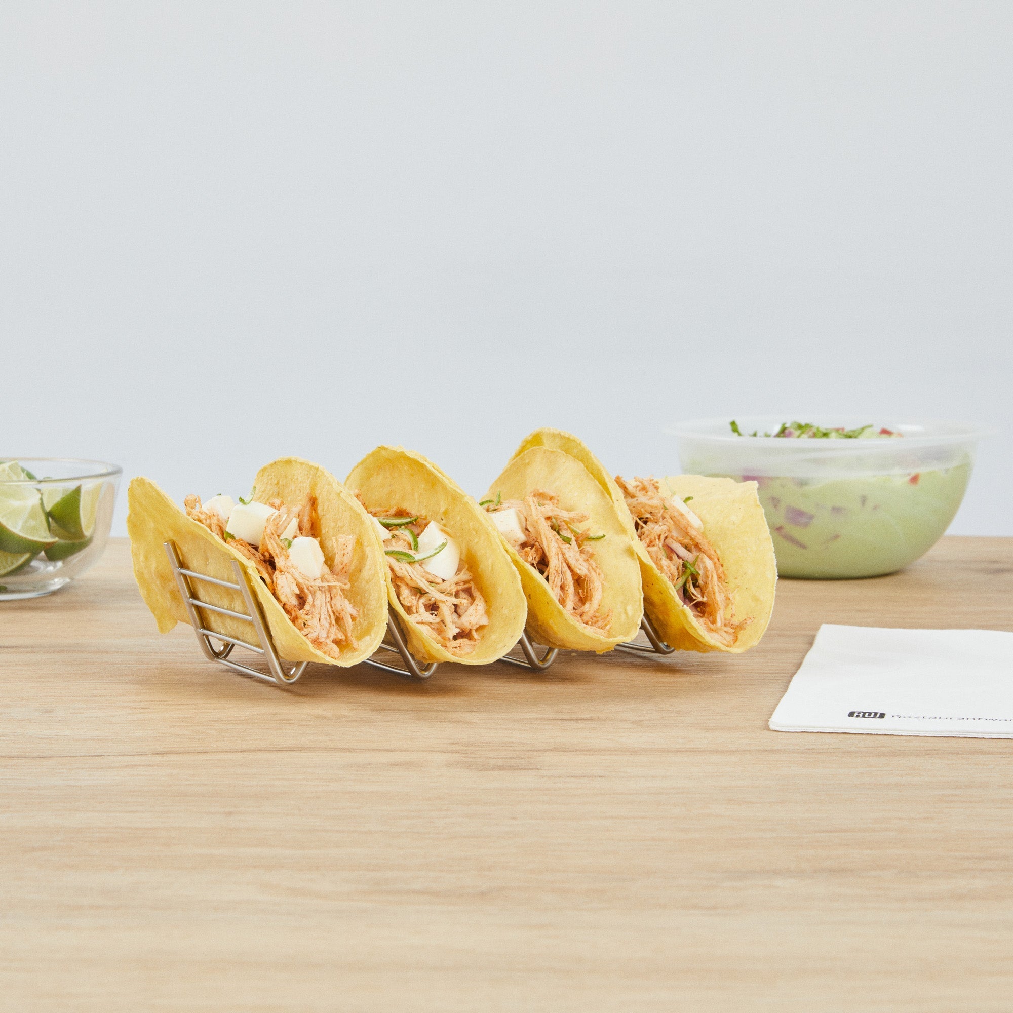 Met Lux Rectangle Silver Stainless Steel Quattro Taco Rack Stand - 4 Tacos - 7" x 2 1/2" x 1 1/2" - 1 count box