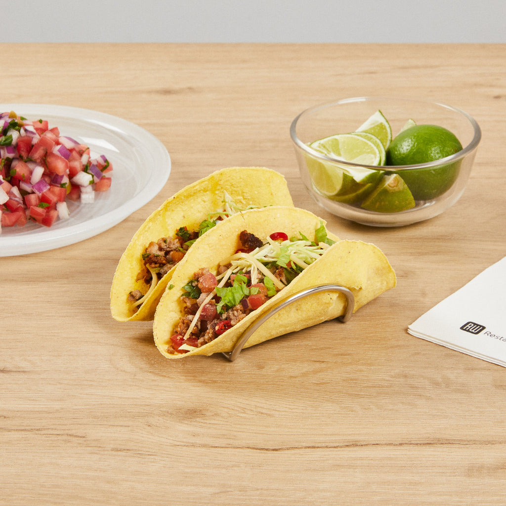 Met Lux Rectangle Silver Stainless Steel Duo Taco Rack Stand - 2 Tacos - 4 1/4" x 3 1/4" x 1 1/2" - 1 count box