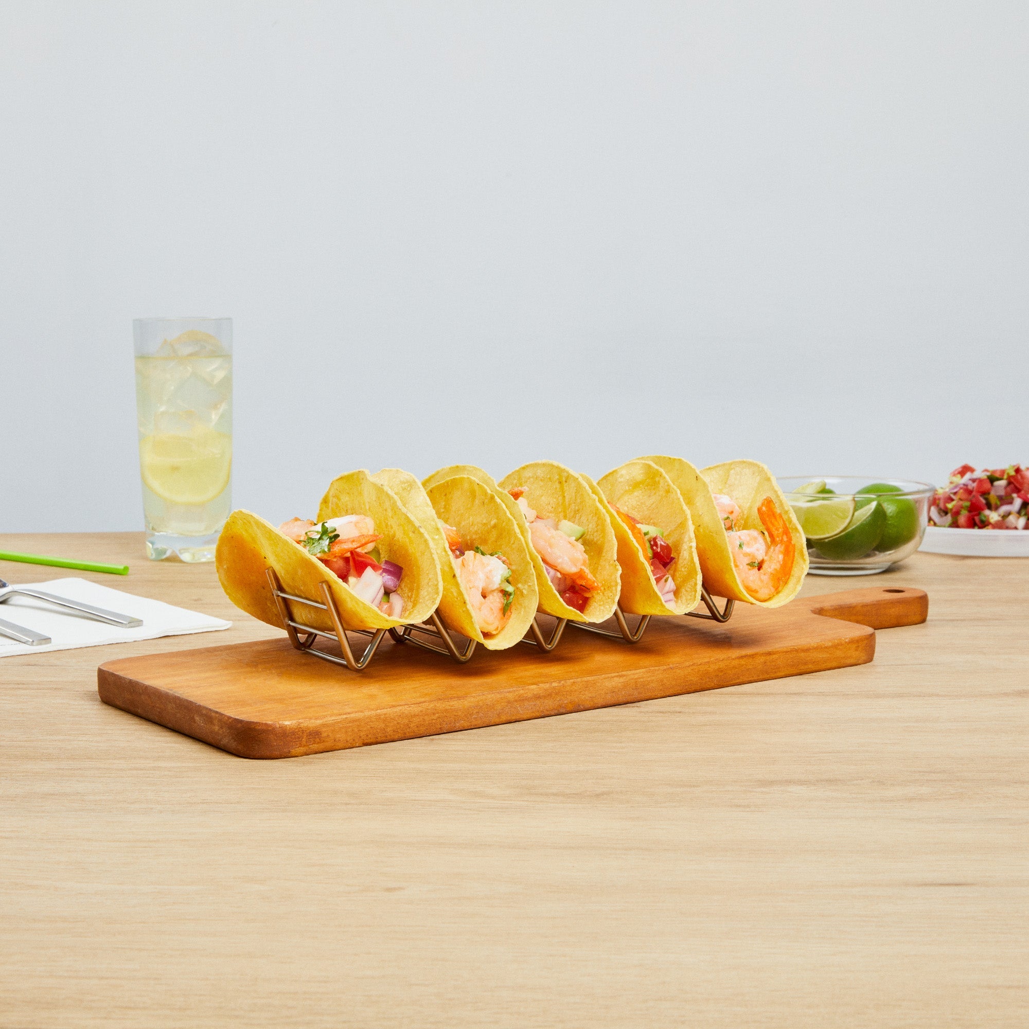Met Lux Rectangle Silver Stainless Steel Cinque Taco Rack Stand - 5 Tacos - 8 1/4" x 2 1/2" x 1 1/2" - 1 count box