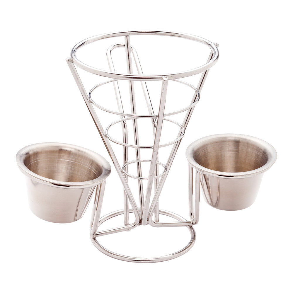 Cone Tek Silver Stainless Steel Singolo Cone Stand - 2 Sauce Holders - 4" x 4" x 5 1/2" - 1 count box