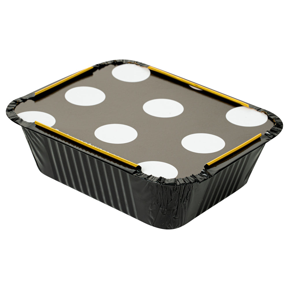 Foil Lux 12 oz Rectangle Black and Gold Aluminum Take Out Container - Polka Dot Paper Lid - 5 3/4" x 4 3/4" x 1 3/4" - 50 count box