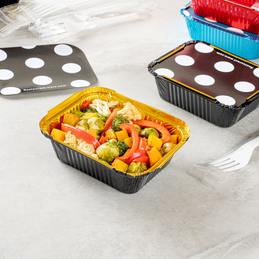 Foil Lux 12 oz Rectangle Black and Gold Aluminum Take Out Container - Polka Dot Paper Lid - 5 3/4" x 4 3/4" x 1 3/4" - 50 count box