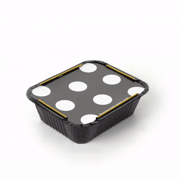 Foil Lux 12 oz Rectangle Black and Gold Aluminum Take Out Container - Polka Dot Paper Lid - 5 3/4" x 4 3/4" x 1 3/4" - 50 count box