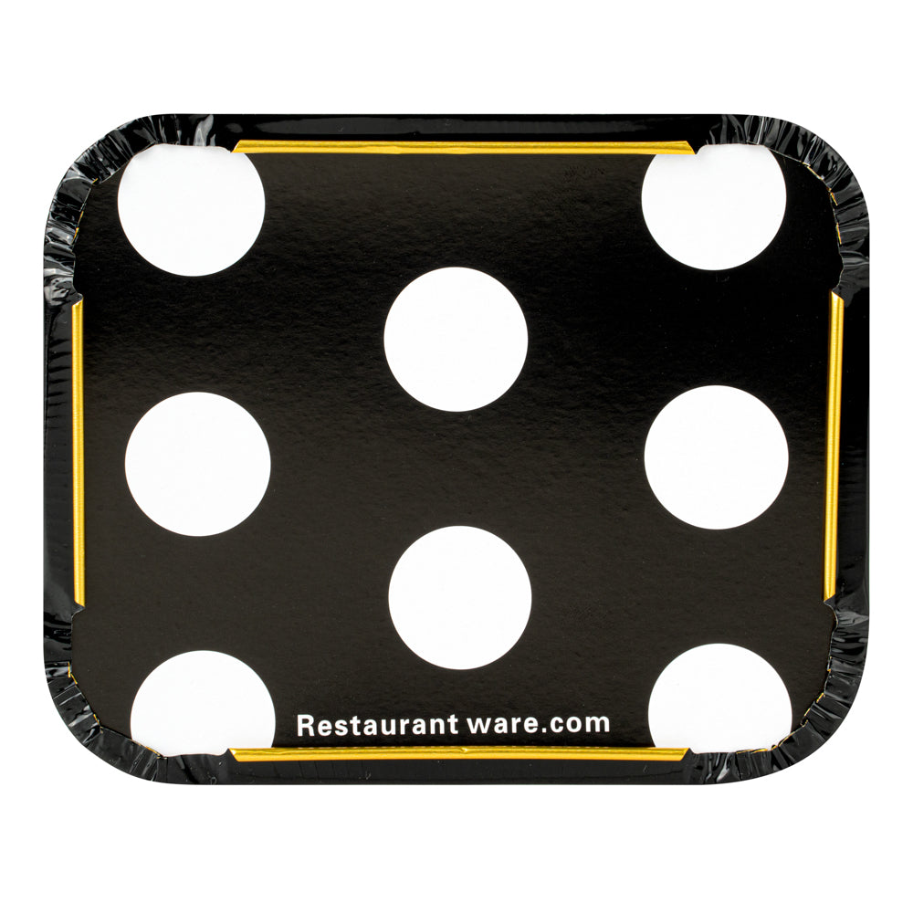 Foil Lux 12 oz Rectangle Black and Gold Aluminum Take Out Container - Polka Dot Paper Lid - 5 3/4" x 4 3/4" x 1 3/4" - 50 count box