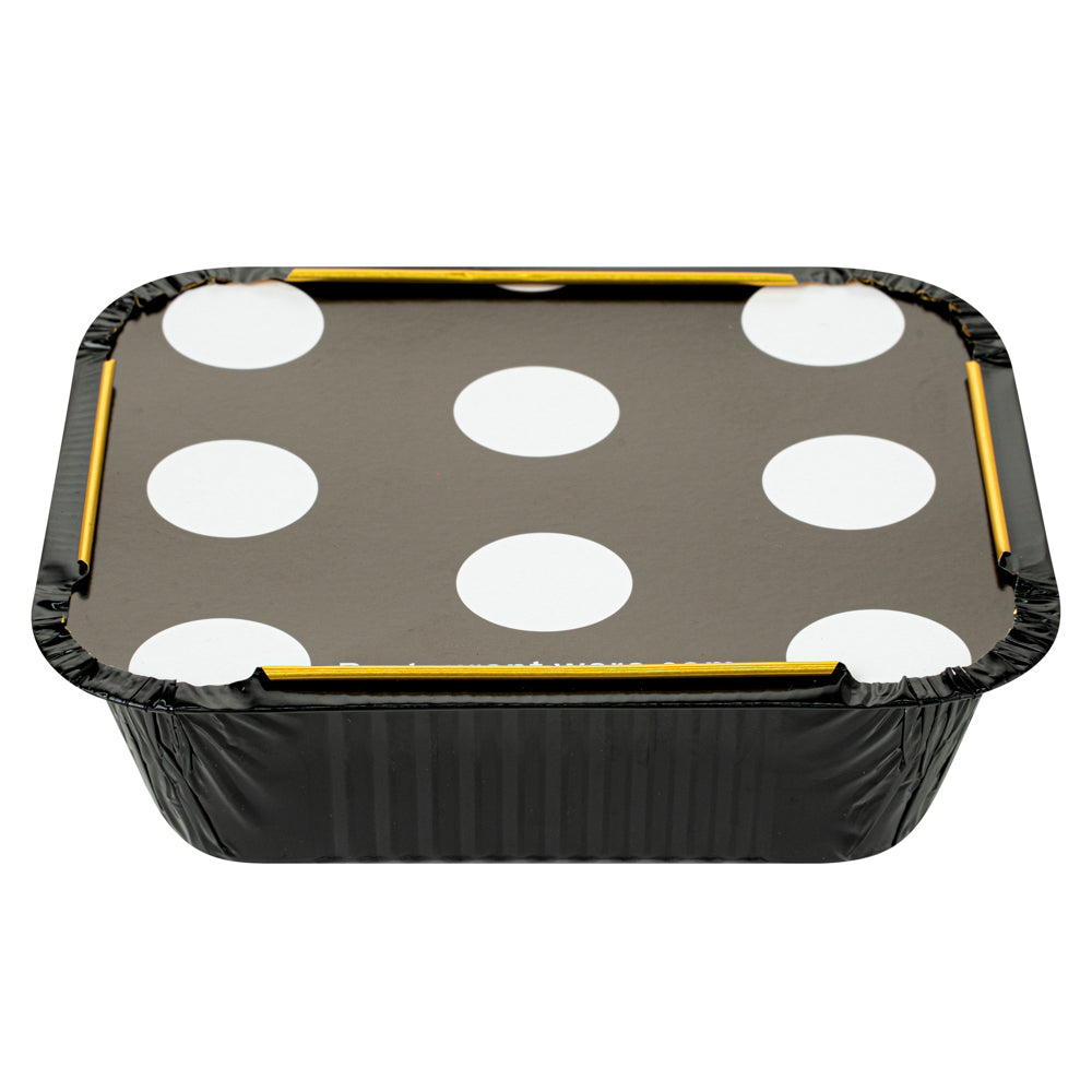 Foil Lux 12 oz Rectangle Black and Gold Aluminum Take Out Container - with Polka Dot Paper Lid - 5 3/4" x 4 3/4" x 1 3/4" - 200 count box