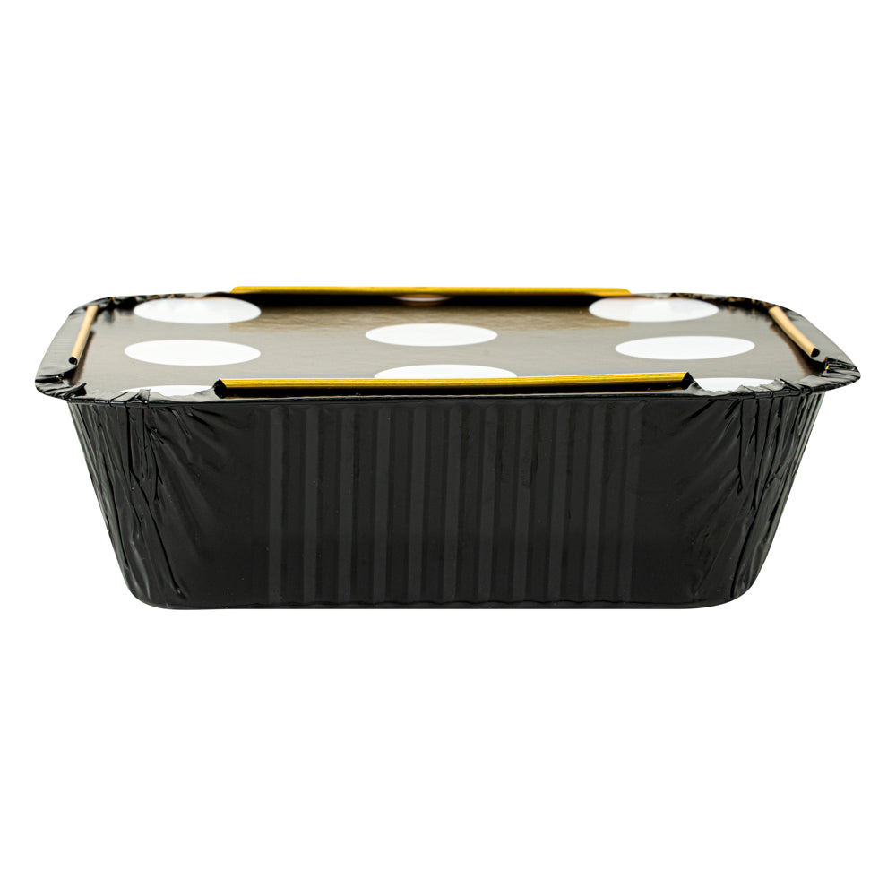 Foil Lux 12 oz Rectangle Black and Gold Aluminum Take Out Container - with Polka Dot Paper Lid - 5 3/4" x 4 3/4" x 1 3/4" - 200 count box