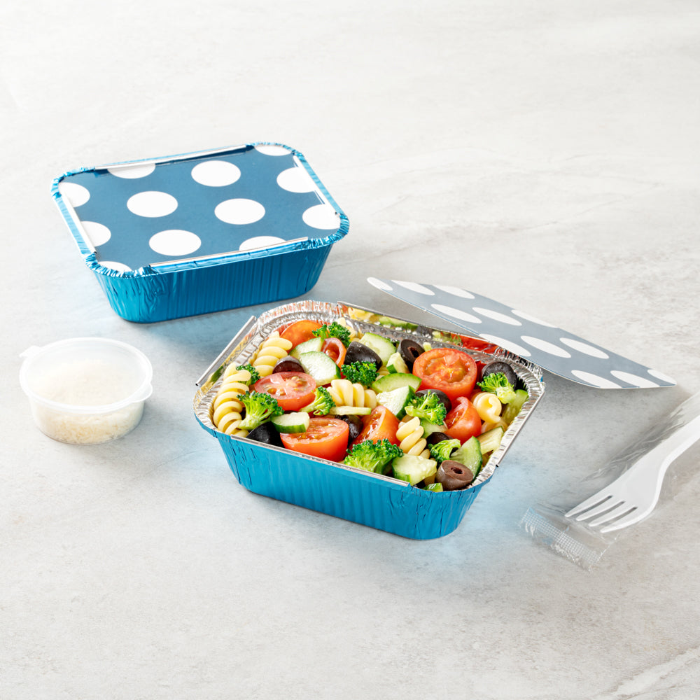 Foil Lux 12 oz Rectangle Blue Aluminum Take Out Container - Polka Dot Paper Lid - 5 3/4" x 4 3/4" x 1 3/4" - 50 count box