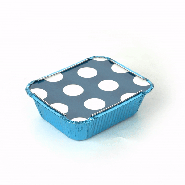 Foil Lux 12 oz Rectangle Blue Aluminum Take Out Container - with Polka Dot Paper Lid - 5 3/4" x 4 3/4" x 1 3/4" - 200 count box