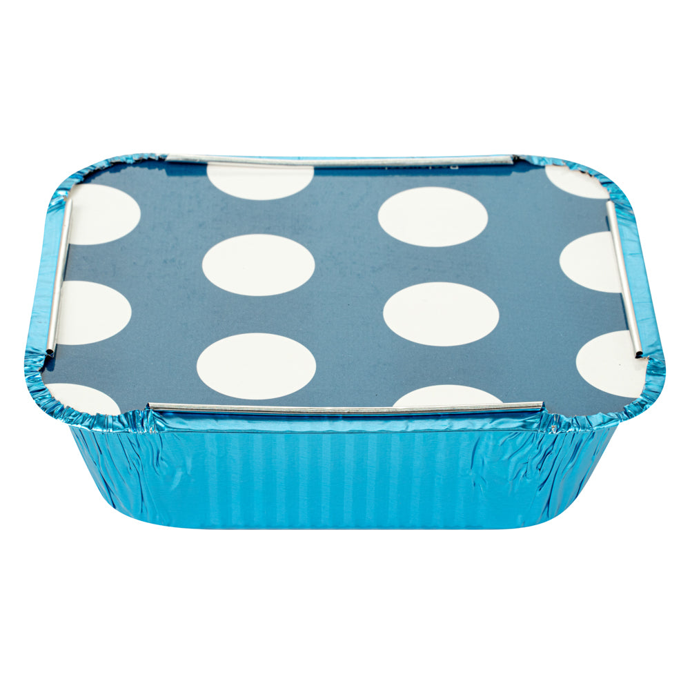 Foil Lux 12 oz Rectangle Blue Aluminum Take Out Container - with Polka Dot Paper Lid - 5 3/4" x 4 3/4" x 1 3/4" - 200 count box