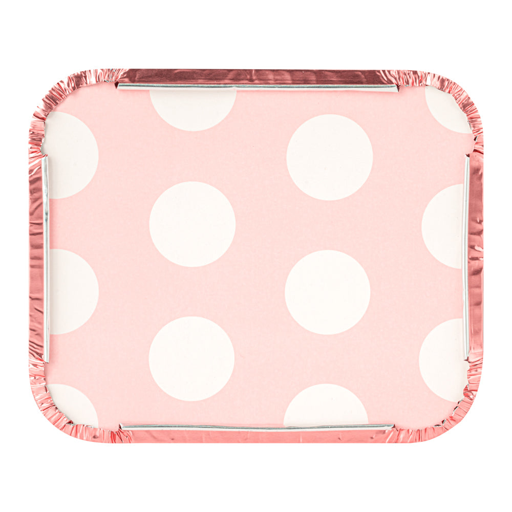 Foil Lux 12 oz Rectangle Pink Aluminum Take Out Container - Polka Dot Paper Lid - 5 3/4" x 4 3/4" x 1 3/4" - 50 count box