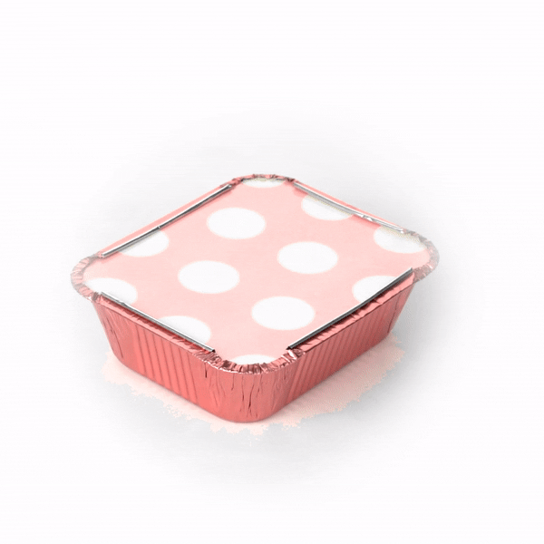 Foil Lux 12 oz Rectangle Pink Aluminum Take Out Container - with Polka Dot Paper Lid - 5 3/4" x 4 3/4" x 1 3/4" - 200 count box
