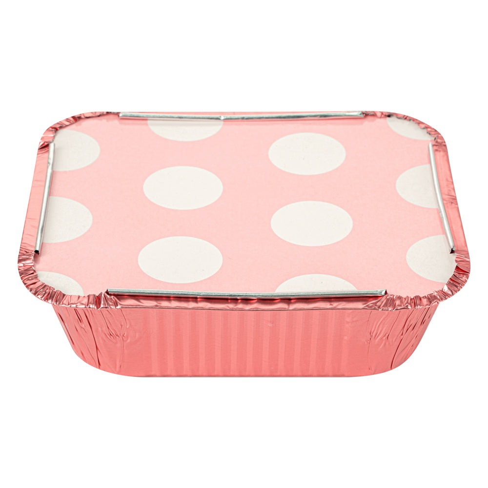 Foil Lux 12 oz Rectangle Pink Aluminum Take Out Container - with Polka Dot Paper Lid - 5 3/4" x 4 3/4" x 1 3/4" - 200 count box