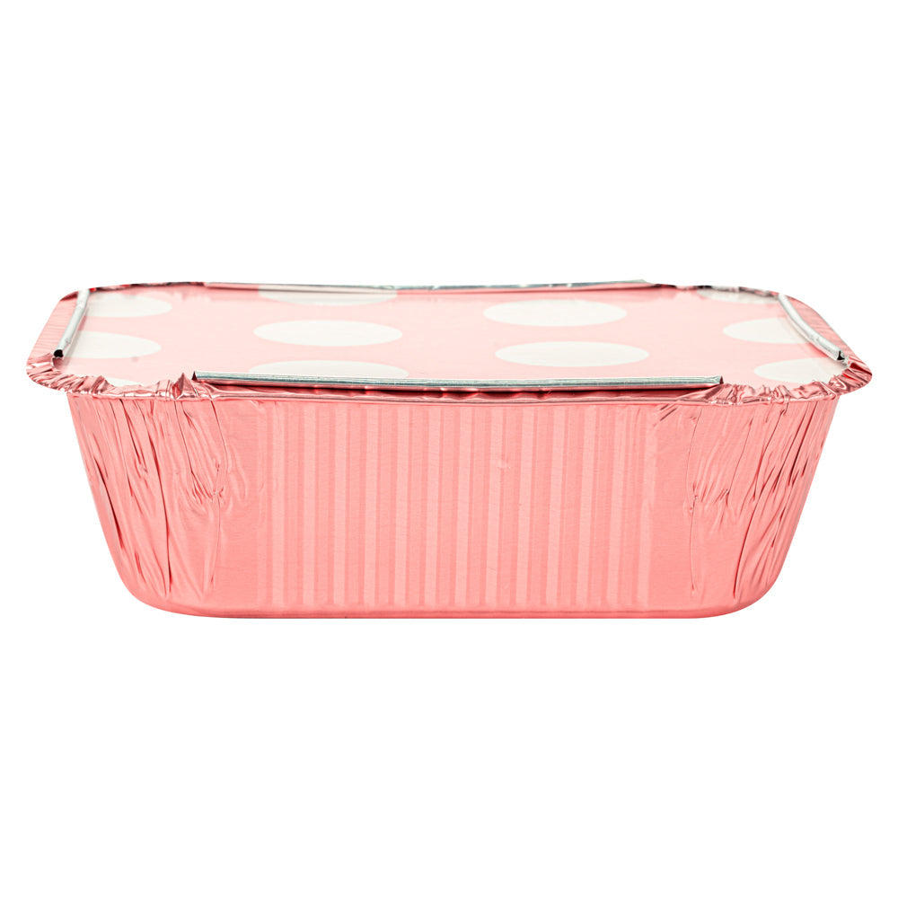 Foil Lux 12 oz Rectangle Pink Aluminum Take Out Container - with Polka Dot Paper Lid - 5 3/4" x 4 3/4" x 1 3/4" - 200 count box