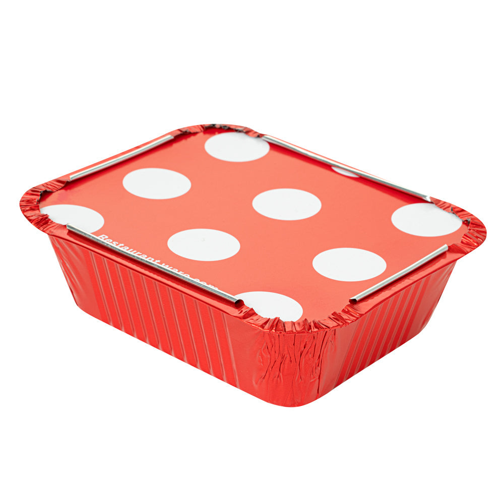 Foil Lux 12 oz Rectangle Red Aluminum Take Out Container - with Polka Dot Paper Lid - 5 3/4" x 4 3/4" x 1 3/4" - 200 count box