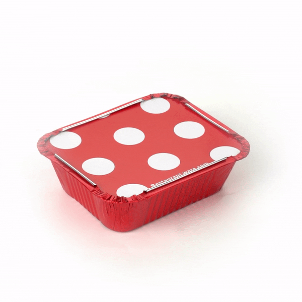 Foil Lux 12 oz Rectangle Red Aluminum Take Out Container - Polka Dot Paper Lid - 5 3/4" x 4 3/4" x 1 3/4" - 50 count box