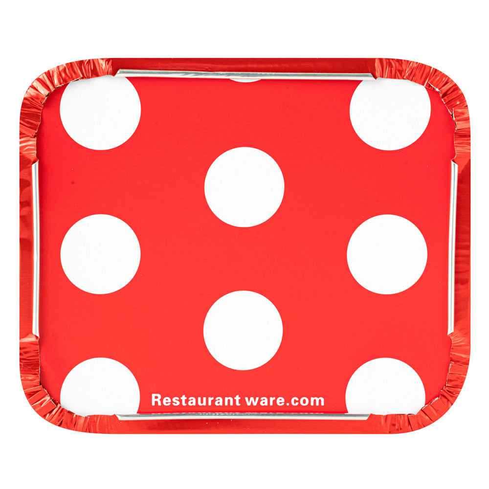 Foil Lux 12 oz Rectangle Red Aluminum Take Out Container - Polka Dot Paper Lid - 5 3/4" x 4 3/4" x 1 3/4" - 50 count box