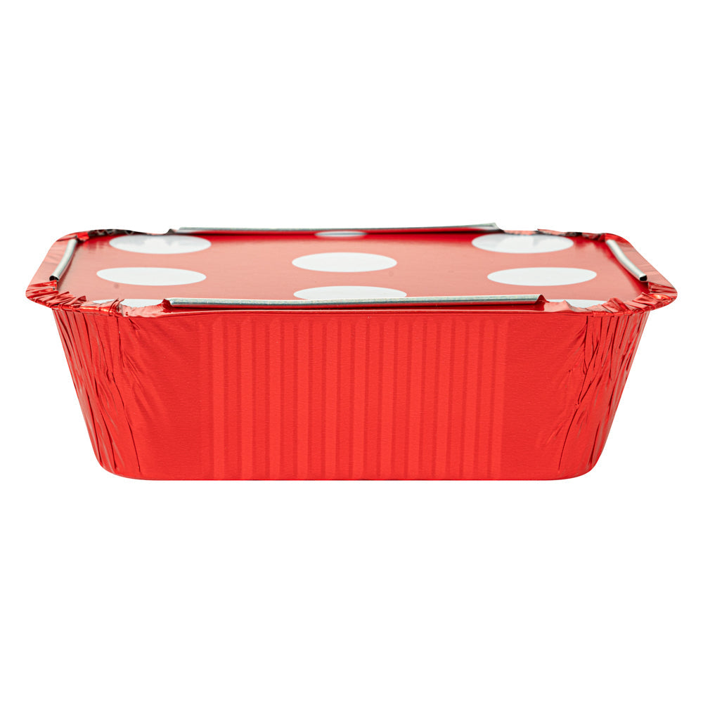 Foil Lux 12 oz Rectangle Red Aluminum Take Out Container - with Polka Dot Paper Lid - 5 3/4" x 4 3/4" x 1 3/4" - 200 count box
