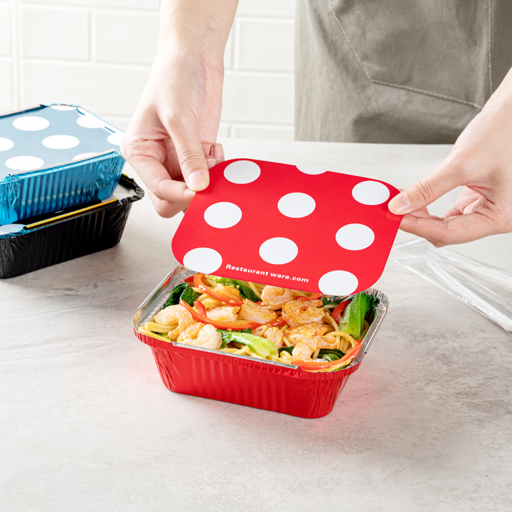 Foil Lux 12 oz Rectangle Red Aluminum Take Out Container - with Polka Dot Paper Lid - 5 3/4" x 4 3/4" x 1 3/4" - 200 count box