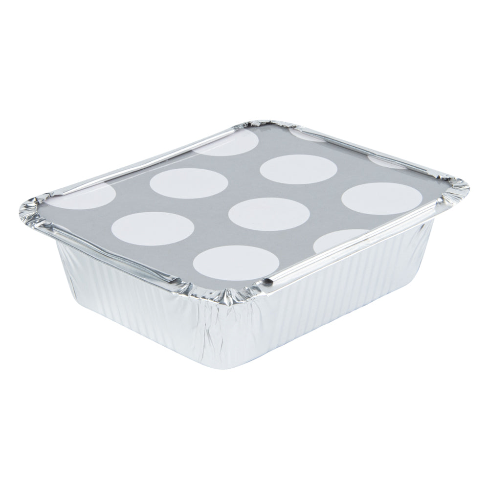 Foil Lux 12 oz Rectangle Silver Aluminum Take Out Container - with Polka Dot Paper Lid - 5 3/4" x 4 3/4" x 1 3/4" - 200 count box